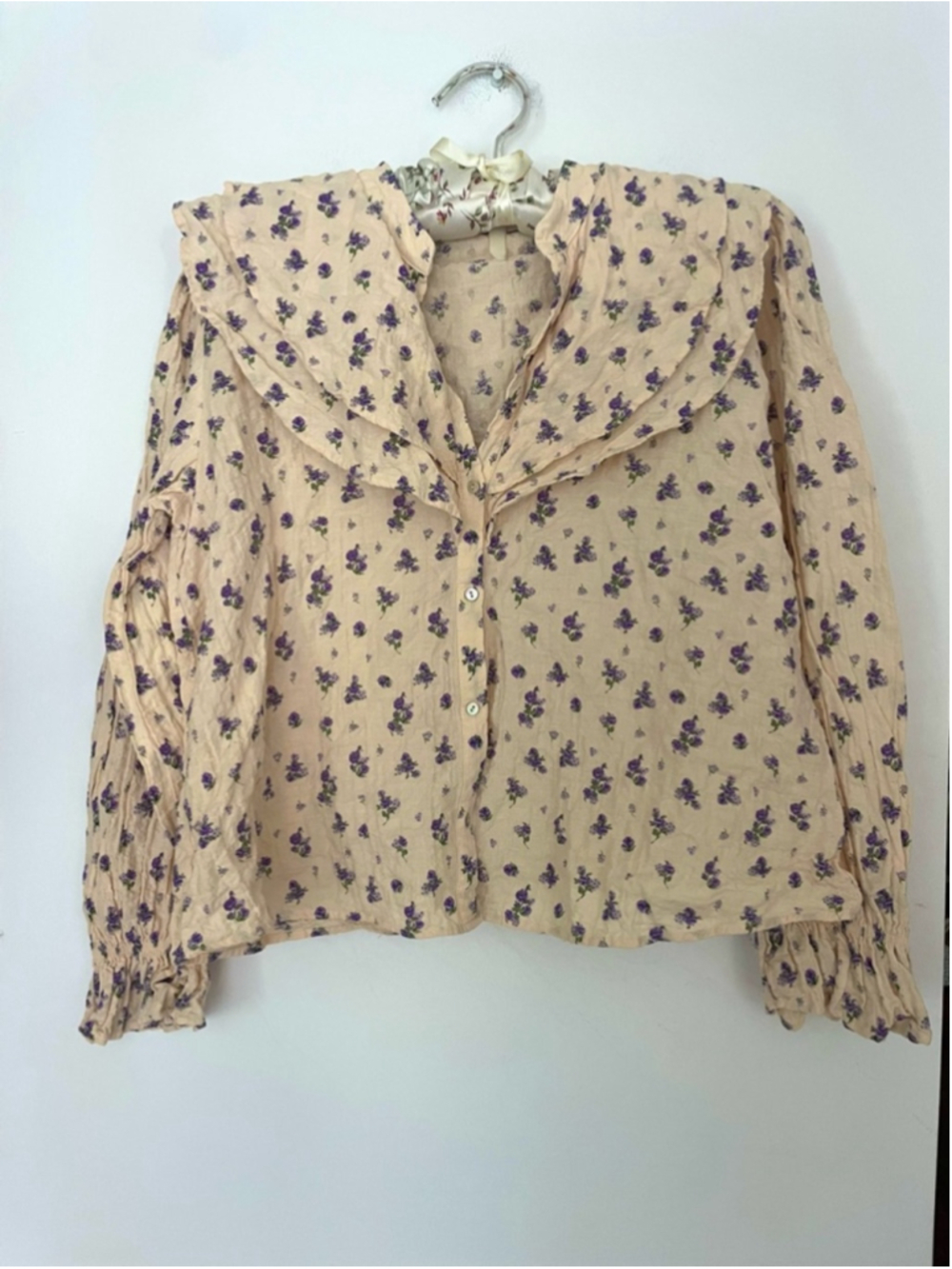 zara Romantic Floral Ruffle Collar Blouse Cream Purple Vintage Inspired - Picture 6 of 11